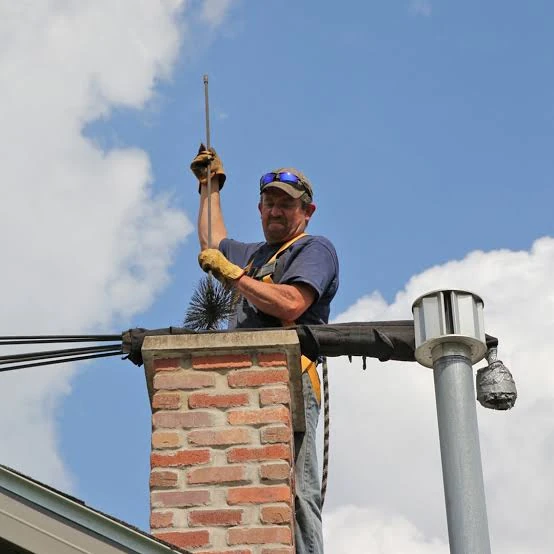 Chimney sweep using a brush above a red brick rooftop chimney