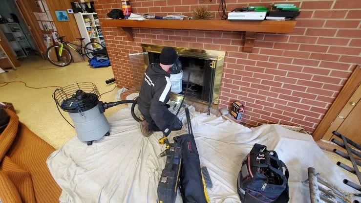 Technician working at a brick fireplace with protective sheets and cleaning equipment